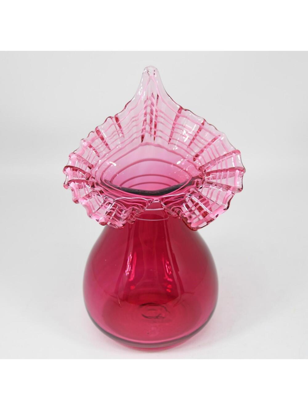 Vtg Fenton Cranberry Red Glass Jack in the Pulpit Ruffled White Ribbon Vase 7"